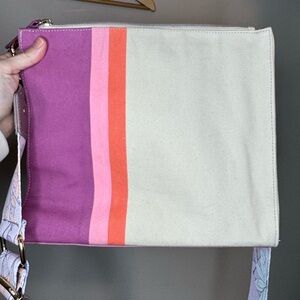 Erin Condren Canvas Crossbody Pouch Bag Pink Stripe Adjustable Floral‎ Strap